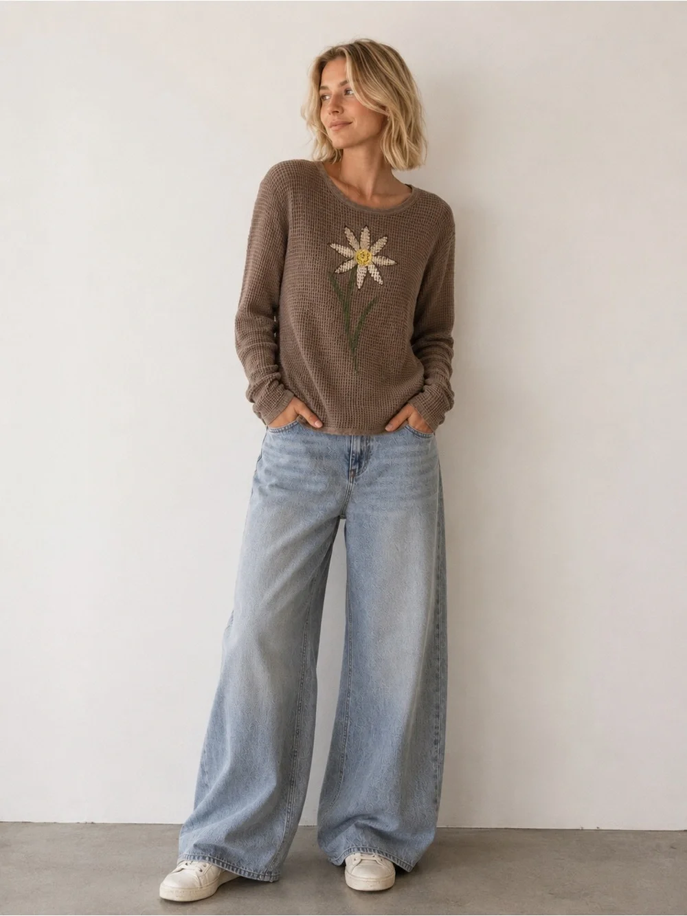 Focus Waffle Knit Daisy Top Vintage Y2K Boho Thermal S - Picture 1 of 5